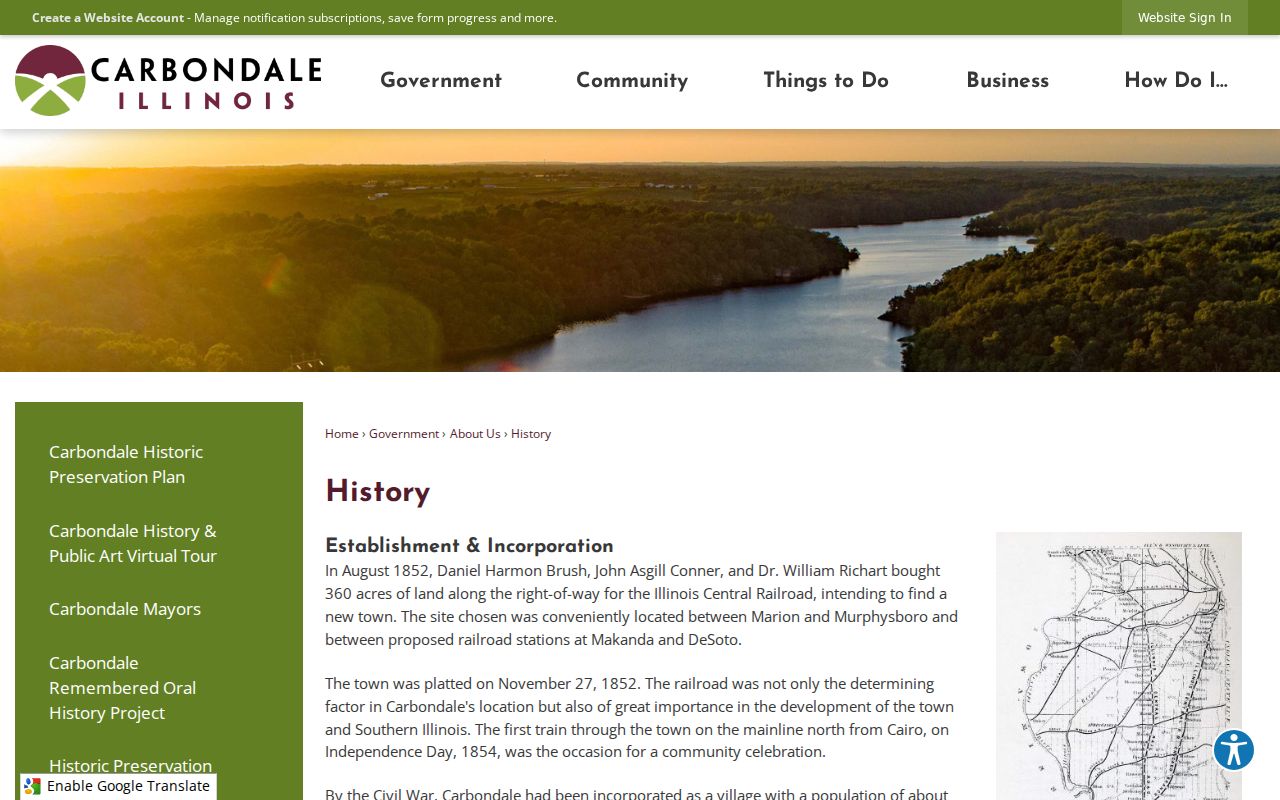 City of Carbondale history page describing the town plat and street development