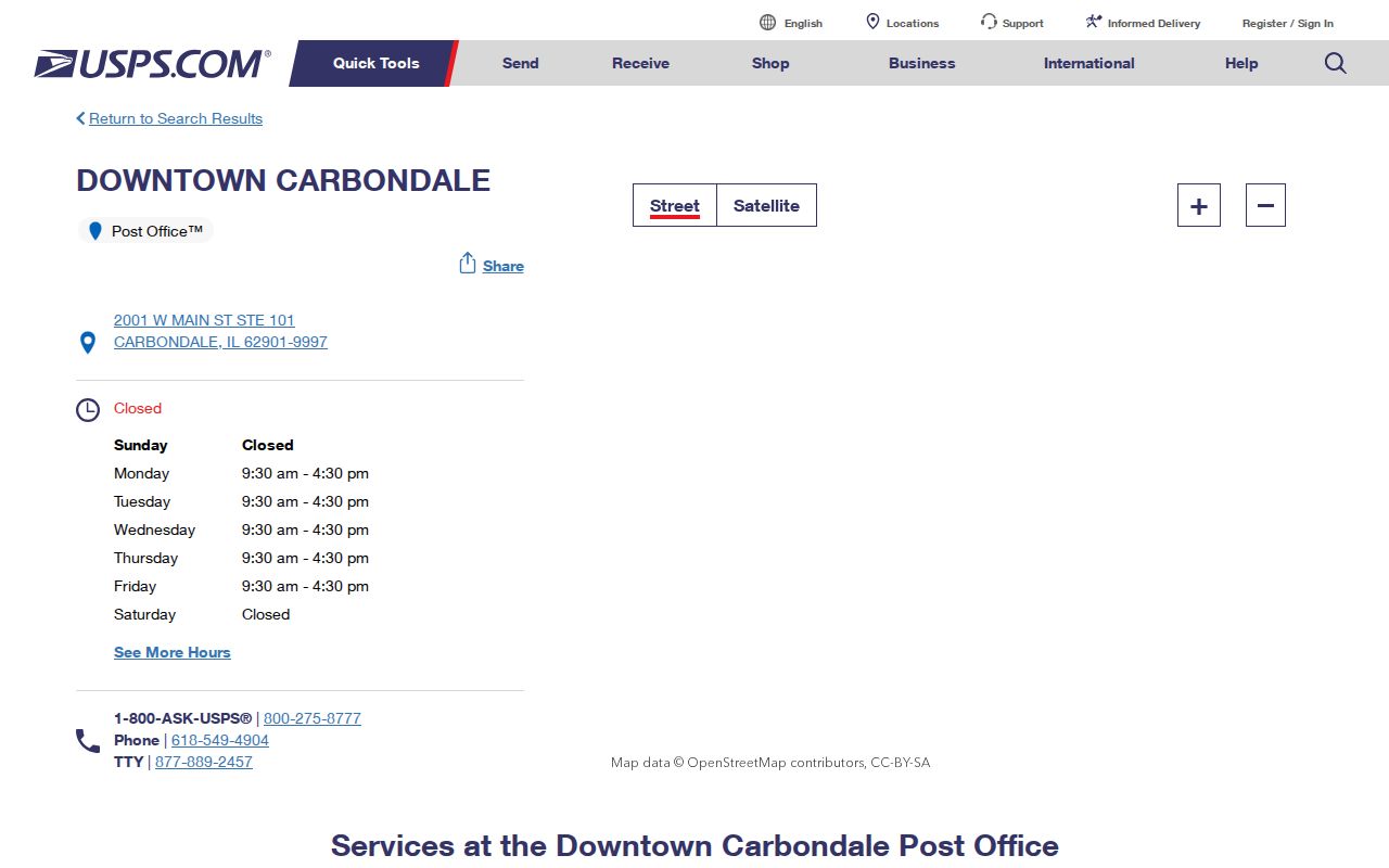 USPS Downtown Carbondale Post Office listing for ZIP code help